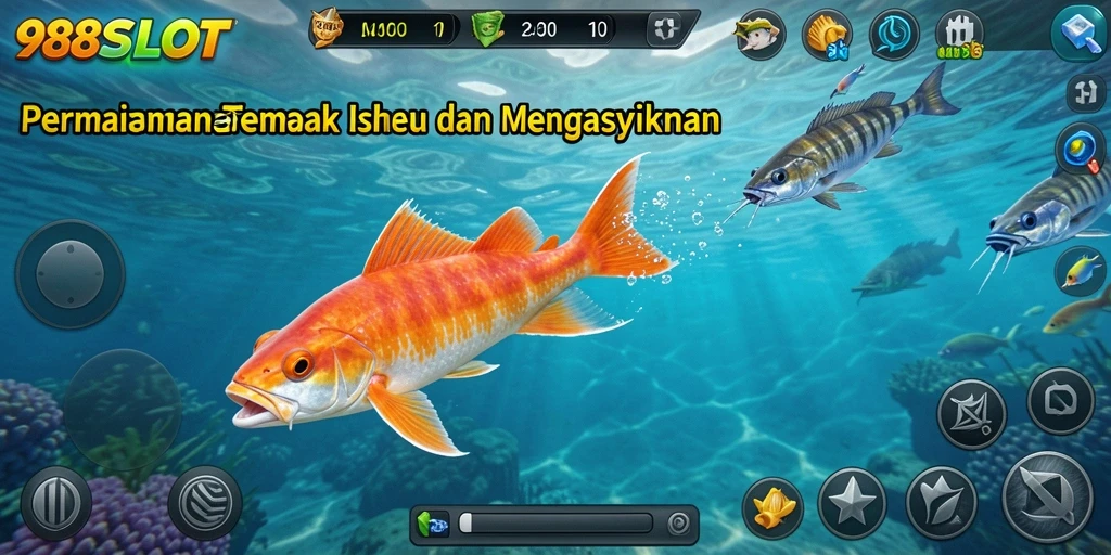 Gameplay Tembak Ikan seru di 988SLOT menunjukkan pertempuran menembak ikan.