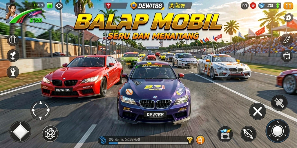 Screenshot gameplay DEWI188 menampilkan mobil balap di lintasan menegangkan.