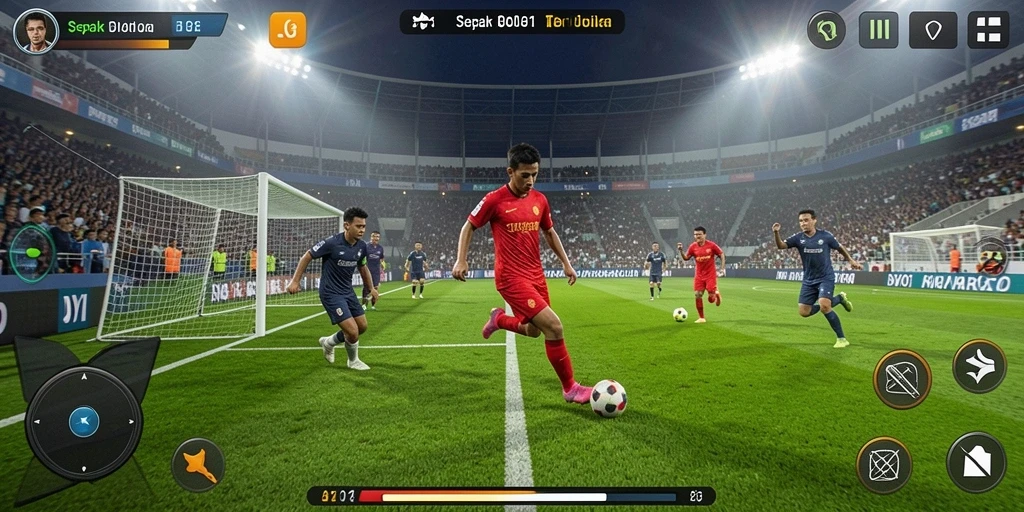 Screenshot utama DY01 menampilkan aksi seru permainan sepak bola.