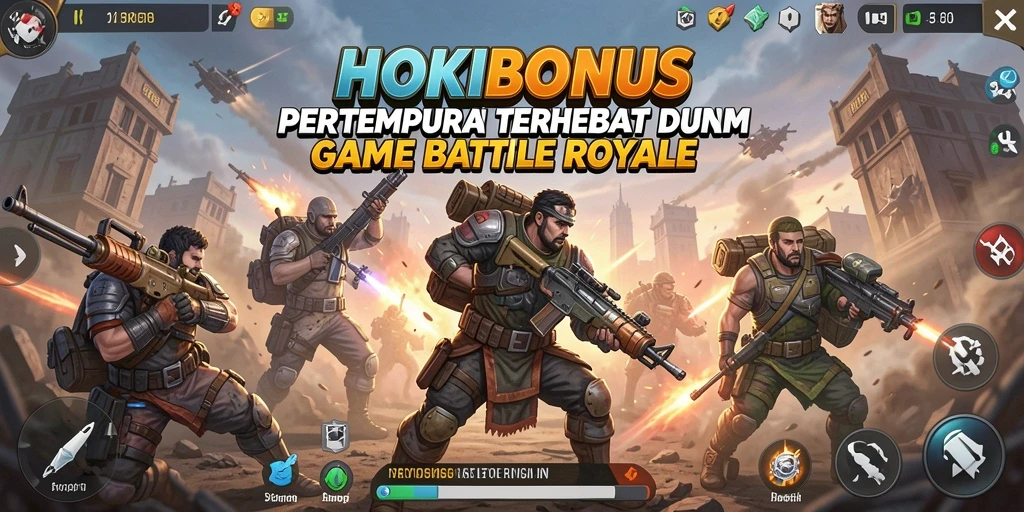 Screenshot utama HOKIBONUS menampilkan aksi intens dalam pertempuran Battle Royale.