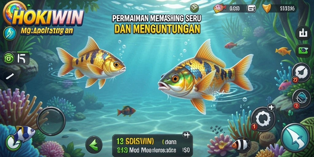 Screenshot HOKIWIN menampilkan aksi seru memancing ikan di lautan.