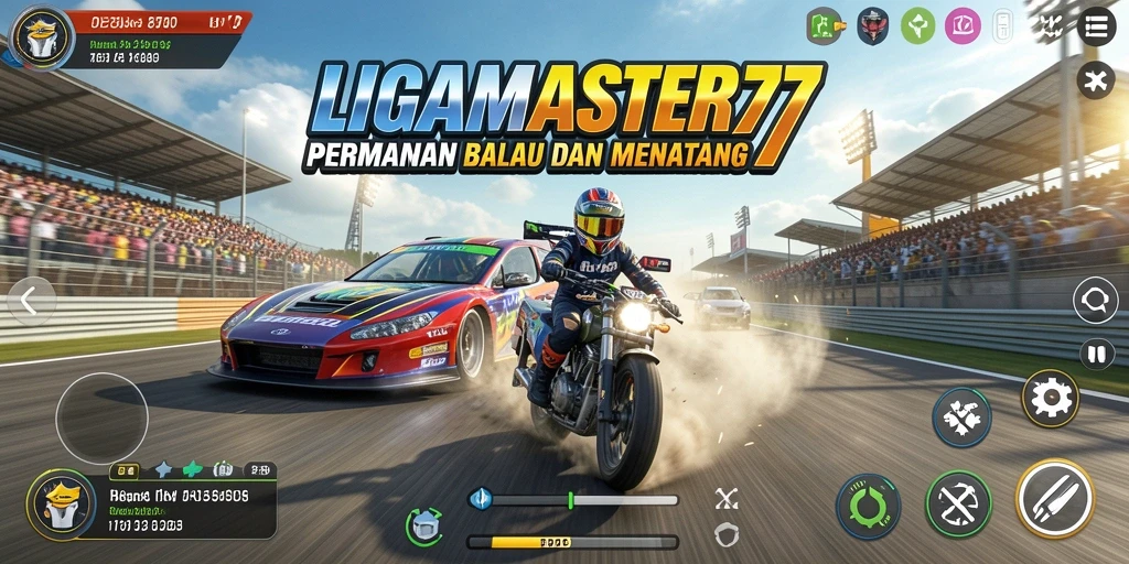 Tampilan gameplay balap LIGAMASTER77 yang mendebarkan dan penuh aksi.