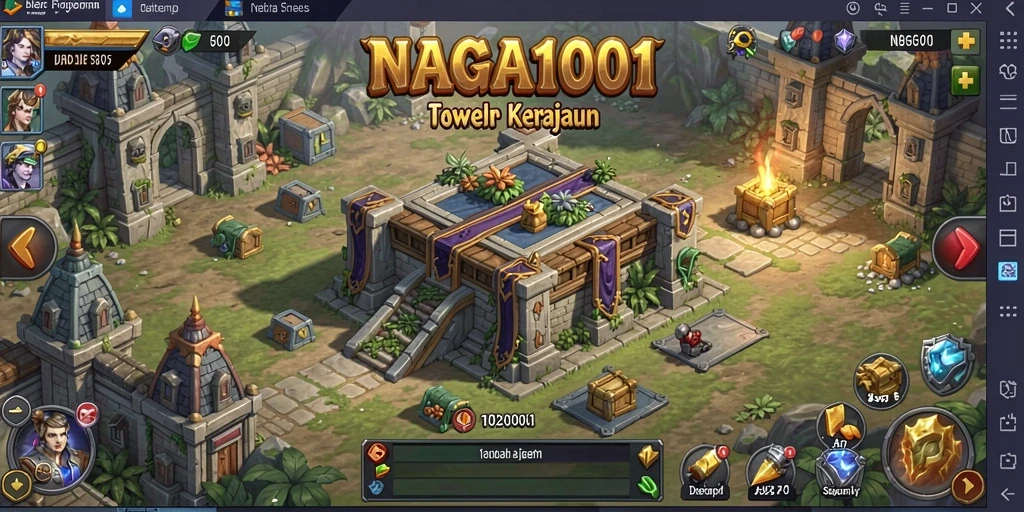 Screenshot gameplay NAGA1001 menampilkan serangan menara melawan gelombang musuh.