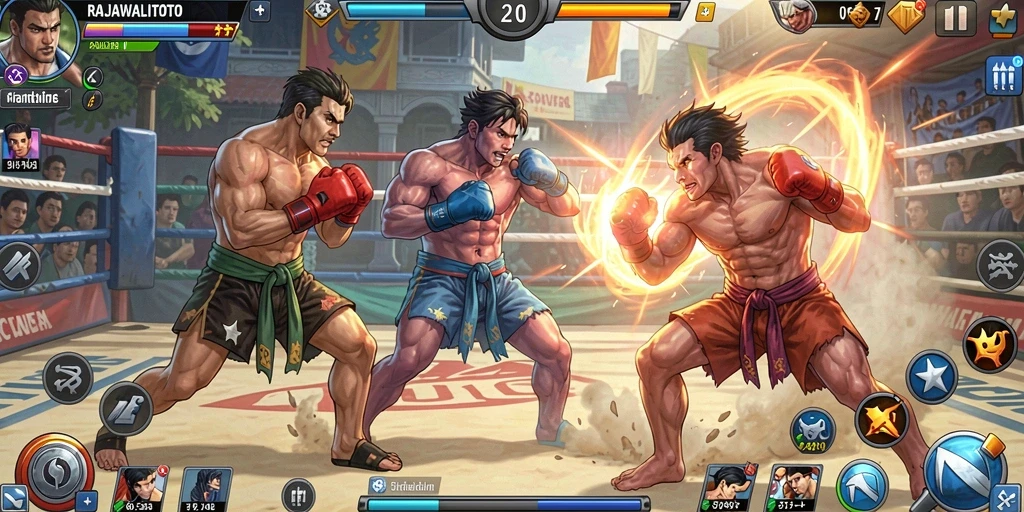 Screenshot gameplay RAJAWALITOTO menampilkan aksi pertarungan seru.