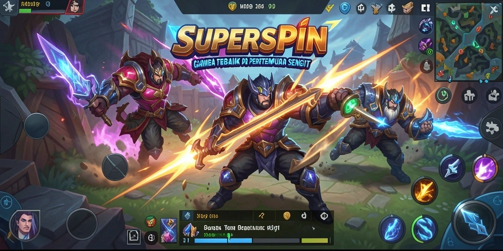 Screenshot gameplay SUPERSPIN menunjukkan pertempuran epik antara karakter.