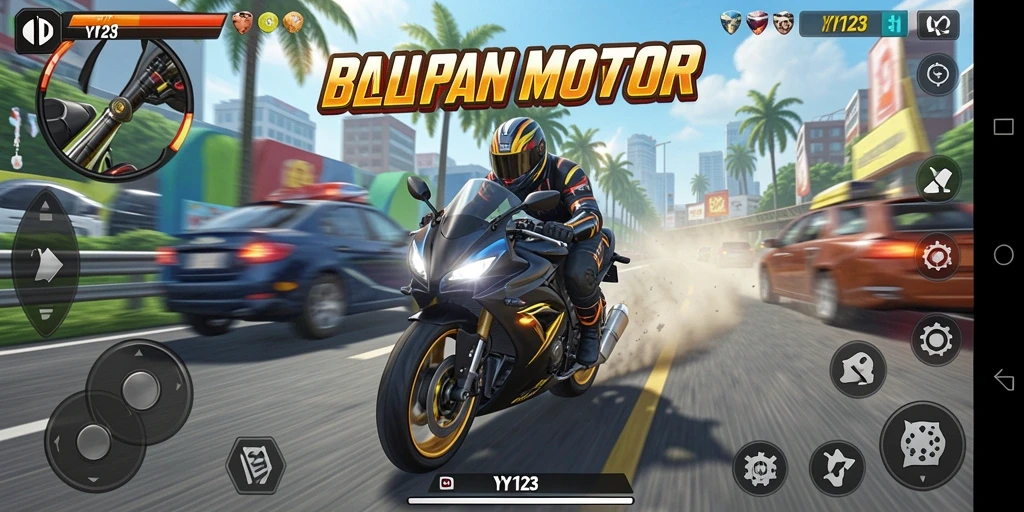 Gameplay seru balapan motor dengan trek menantang.